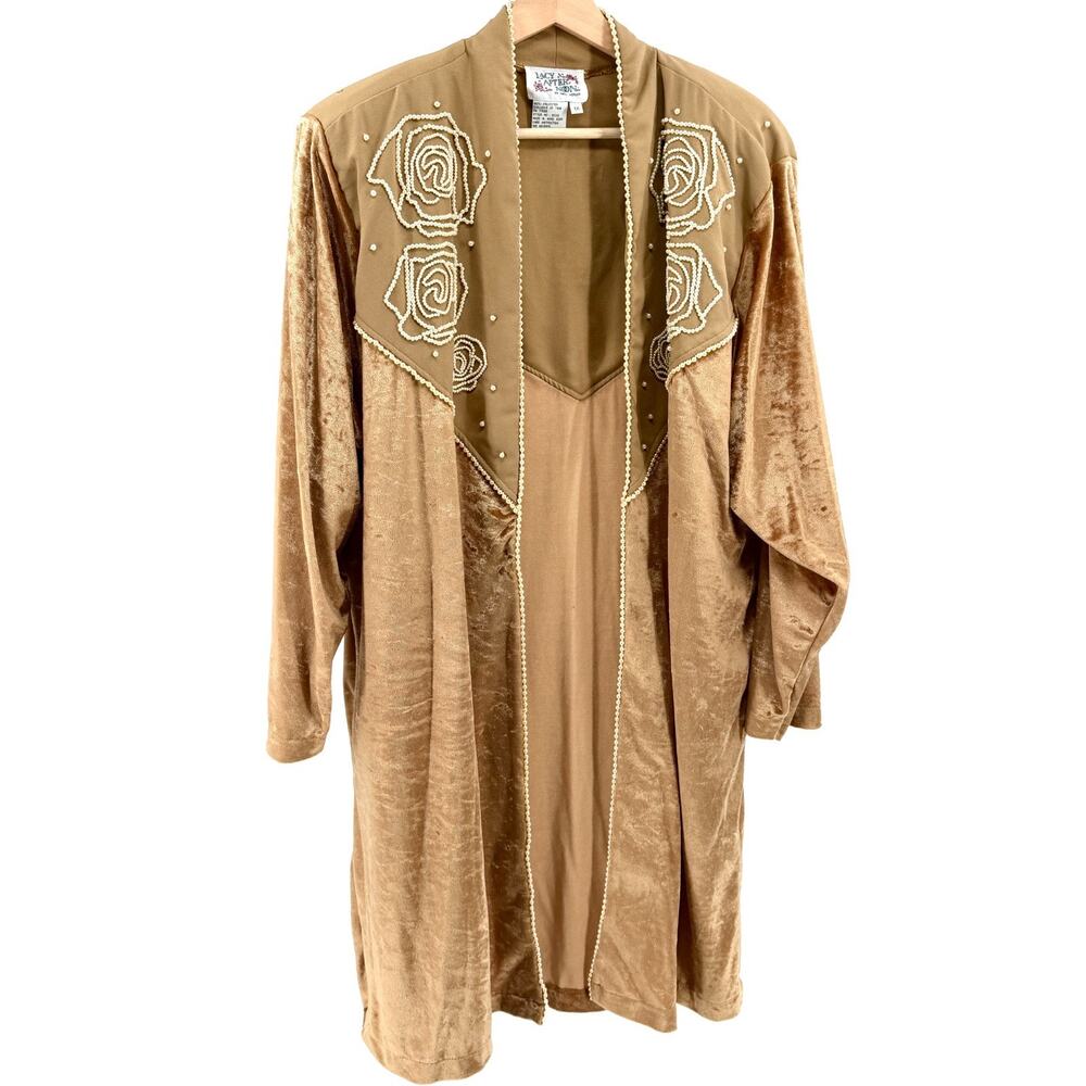 Vintage 80s Lacy Afternoon Gold Velour Beaded Rose Duster Jacket